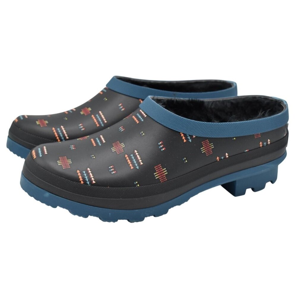 Pendleton Womens Size 7 Geo Toss Blue Black Faux Fur Lined Rubber Clogs‎ Shoes